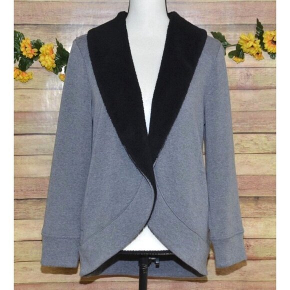 L.L. Bean Ladies Gray Open Front Sweatshirt Jacket Size M Sherpa Collar Casual - Picture 3 of 10